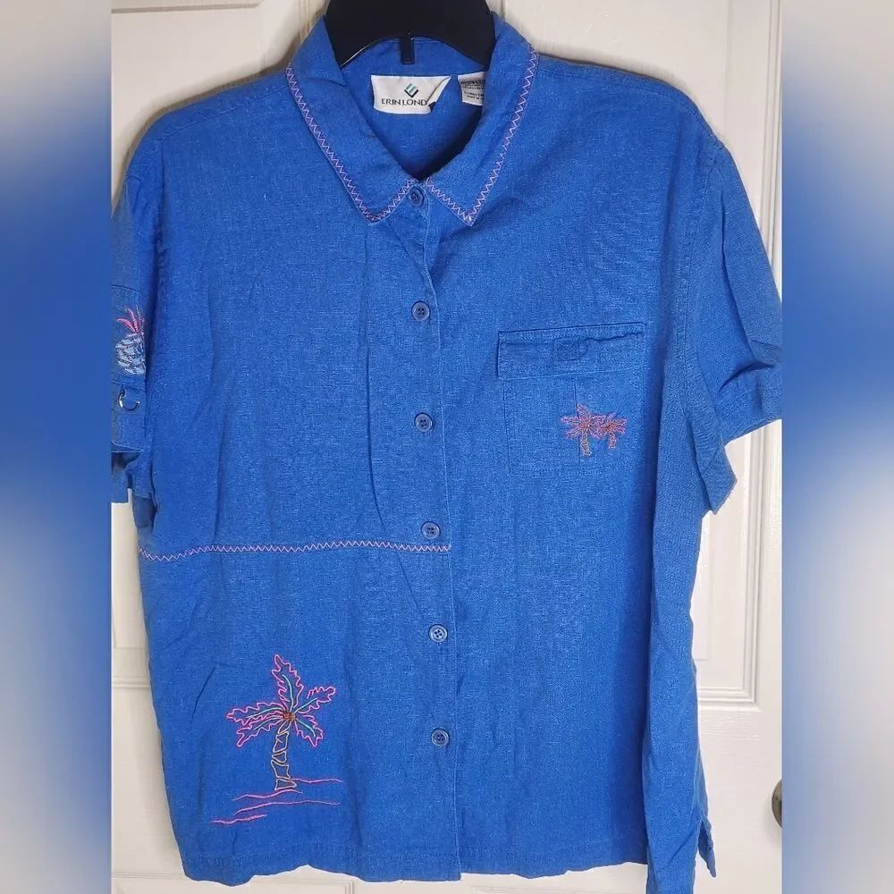 Erin London XL Blue Embroidered Shrtslvs LINEN Blend Buttons Up Women Top Shirt